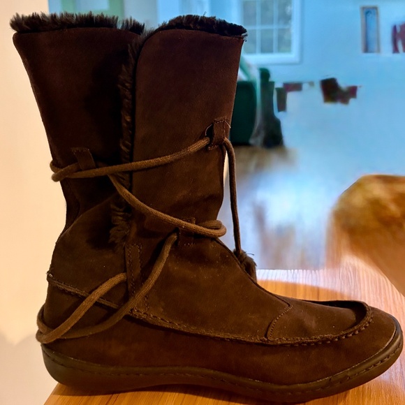 Steve‎ Madden P-Pop Boots Moccasins Suede Faux Fur Tie Pompoms Mid-Calf Brown 9 - Picture 6 of 9